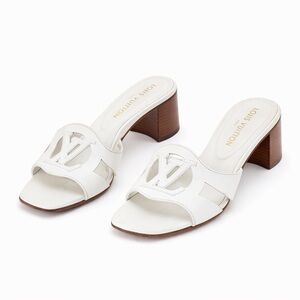 Louis Vuitton Isola LV Logo Mule Sandals White Leather Block Heel Slides EU 38.5